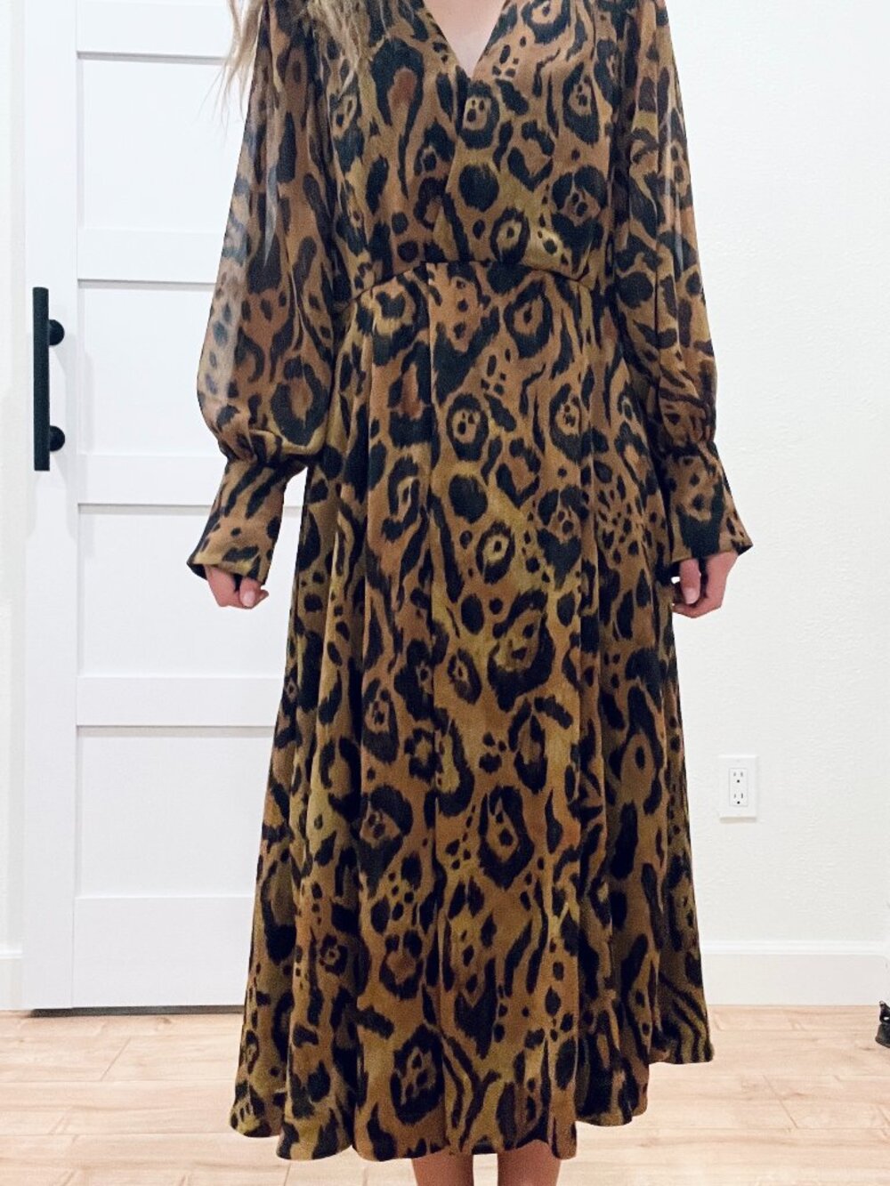 H&M Leopard Print Midi Dress Long Sleeve Animal Print Boho Retro